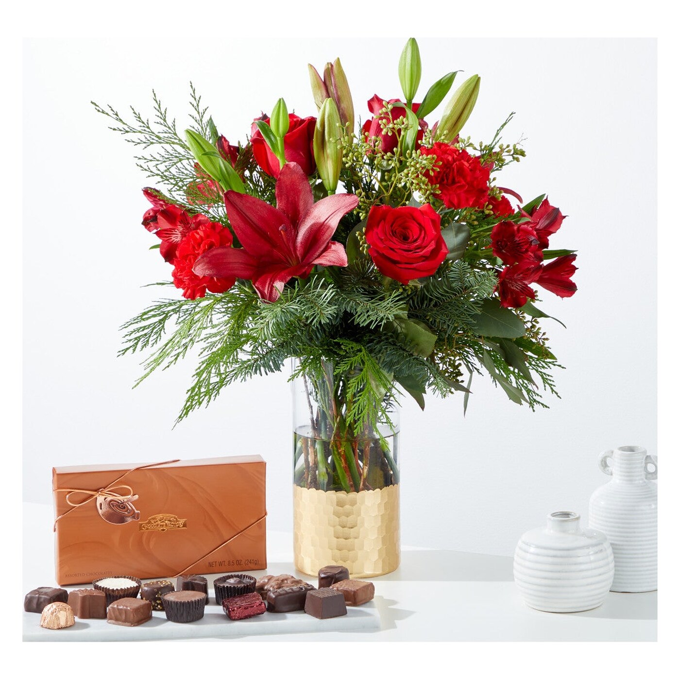 Tidings of Joy Bouquet and Chocolate Gift Set arrangement option 4
