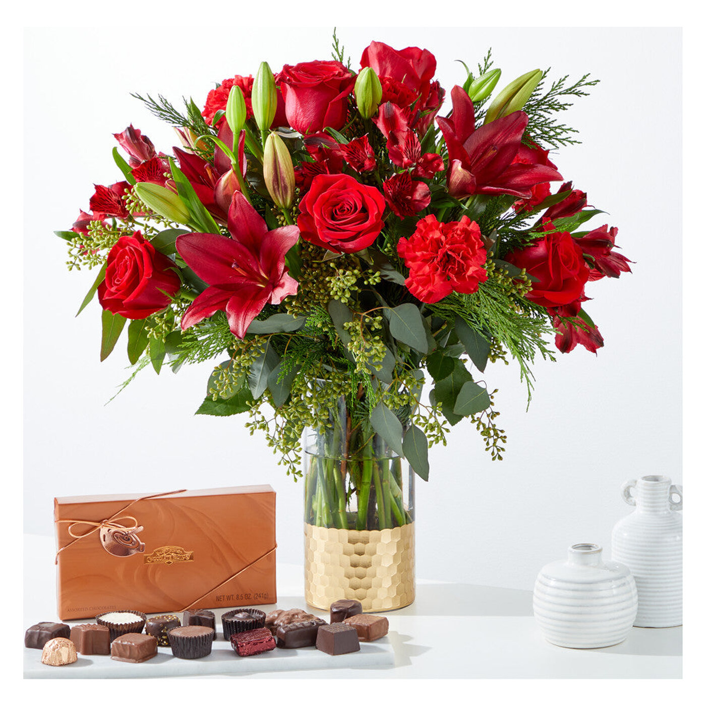 Tidings of Joy Bouquet and Chocolate Gift Set arrangement option 3