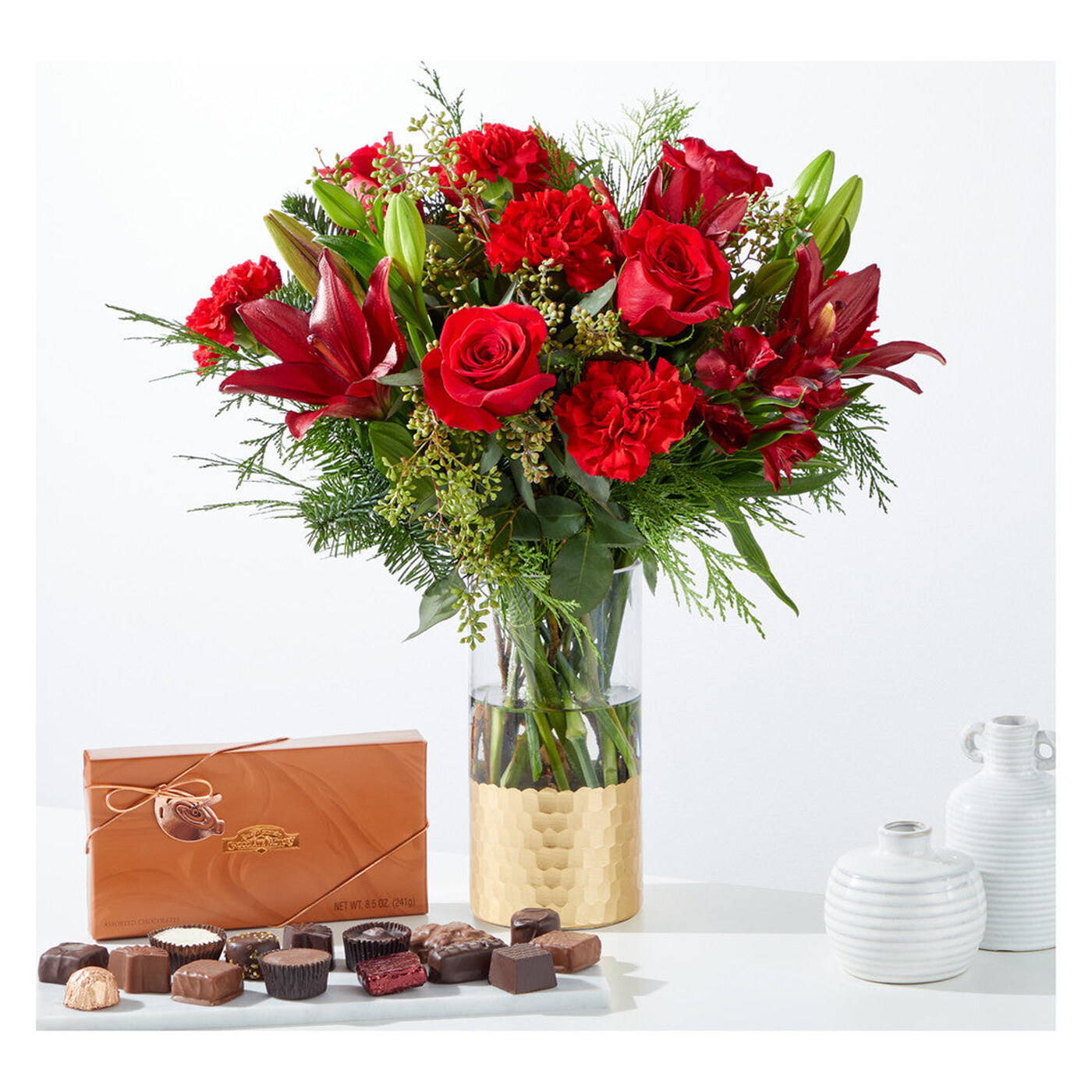 Tidings of Joy Bouquet and Chocolate Gift Set arrangement option 2
