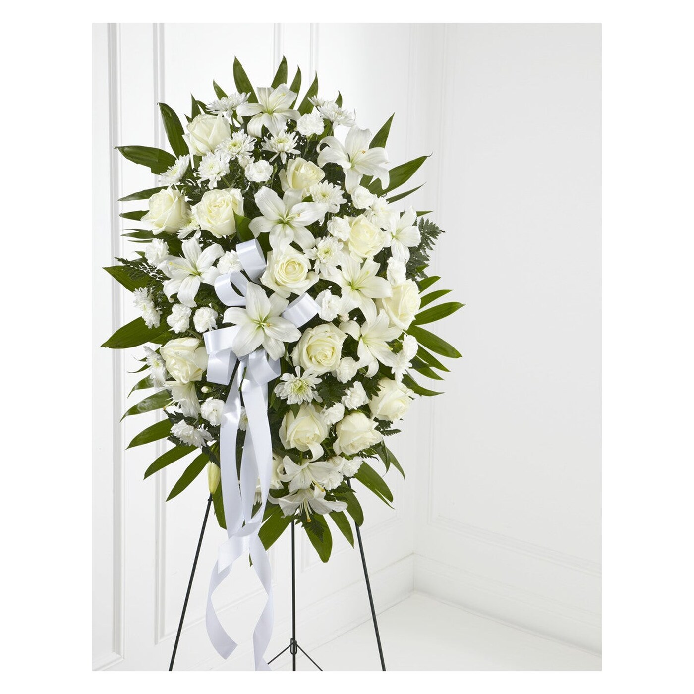 Exquisite Tribute Standing Spray-White Ribbon flower arrangement